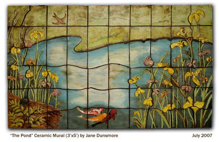Image: a 3 foot by 5 foot ceramic picture of a pond.